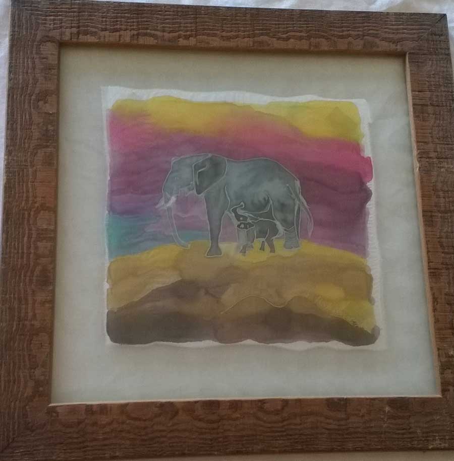 mother and baby elephants painted on silk