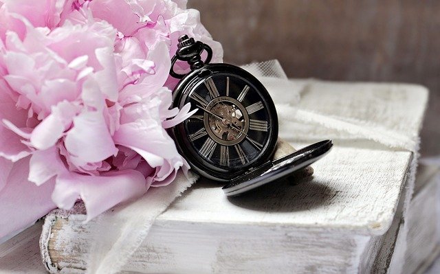 book, stopwatch and flower for a timeless story