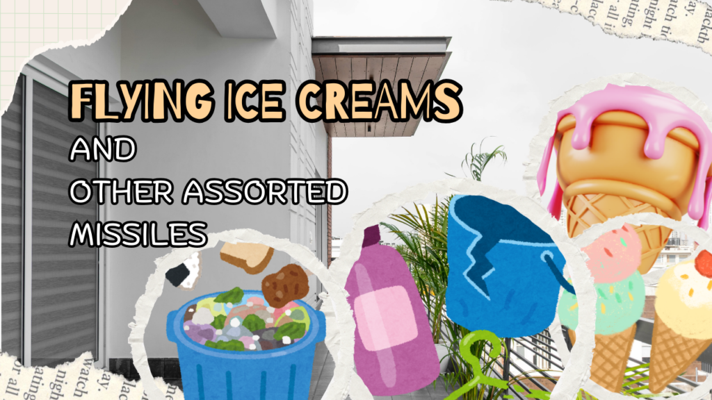 A collage style image with a balcony in the background a circles of items in the foreground and wording Flying Ice creams and other assorted items