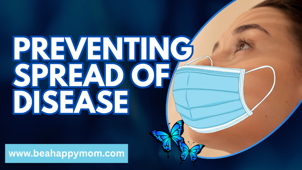Lady's face on right side with mask over her nose and mouth and wording Preventing Spread of Disease