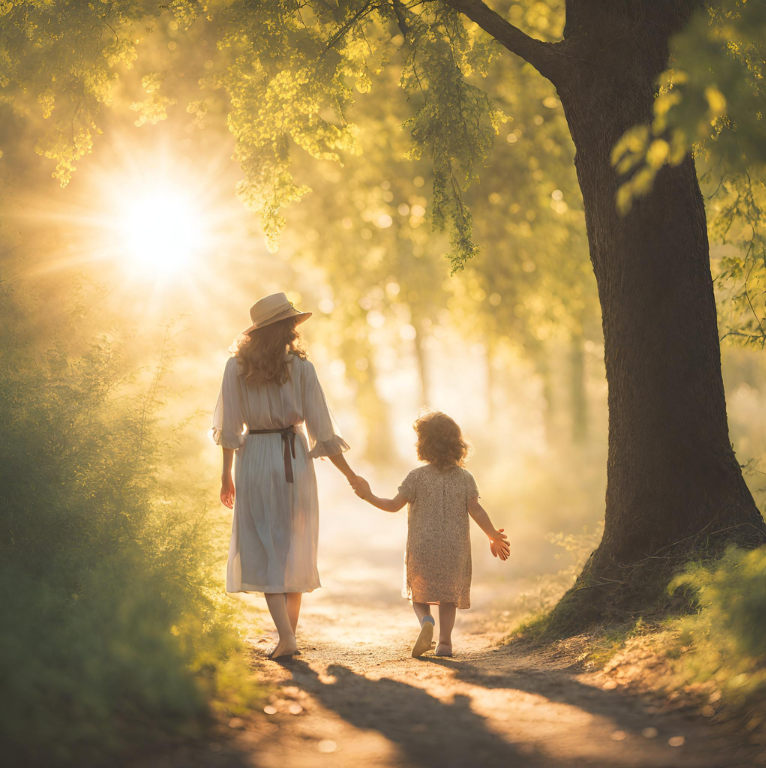 mother and child walking in nature, facing the light