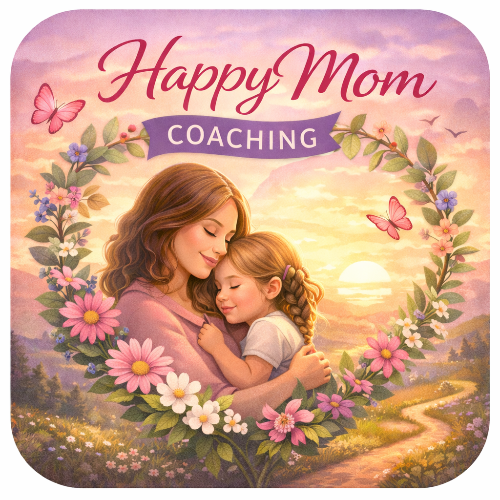 An image in soft pinks, greens with Happy MOm Coaching as the title and a mother and child within a heart of flowers