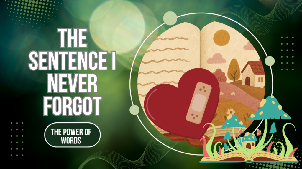 Image of a story book and heart with a bandaid on, introducing the sentence I never forgot